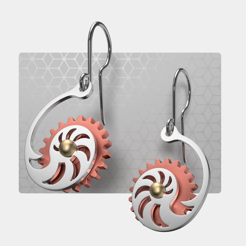 Fibonacci Shell | Drop Earrings with Gear